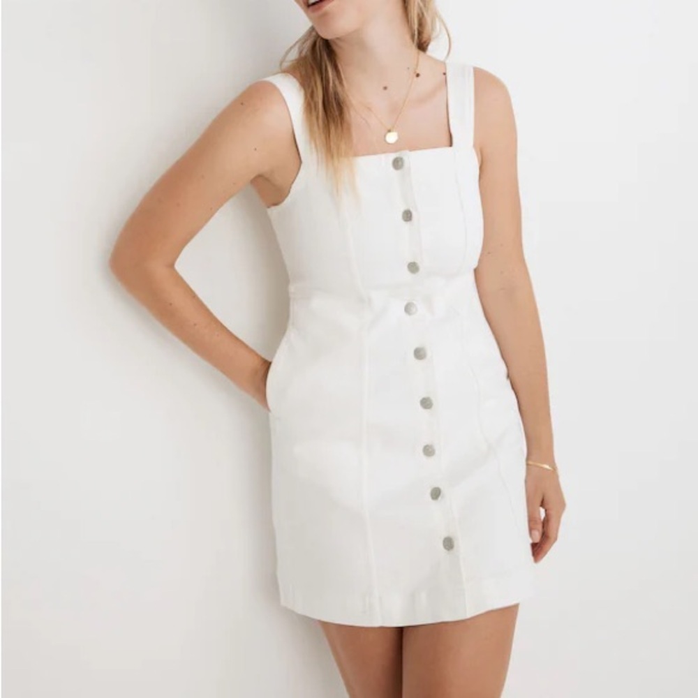 Madewell Denim Button Front Square Neck Mini Dress In Tile White 0 Nf931 Jean